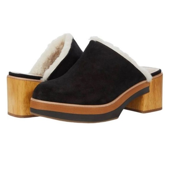 Anthropologie Bernardo Sky Clog platform Shearling cozy black suede shoe - Picture 4 of 11